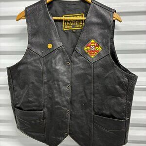 Hudson Black Genuine Leather Biker Vest Size 48 Snap Front With Pockets & Patch